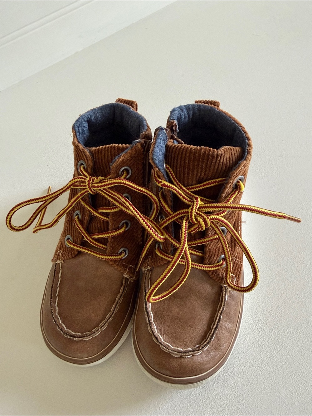 GAP Kids Brown Corduroy Lace-Up Boots with Yellow-Trim Laces